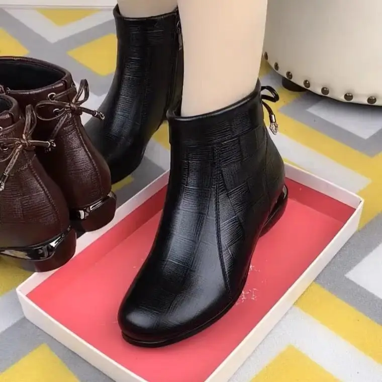 

Leather Women Boots Winter Thick Wool Lined Genuine Leather Women Pu Leather Solid Color Women Winter Fur Shoes Flat Shoes A03