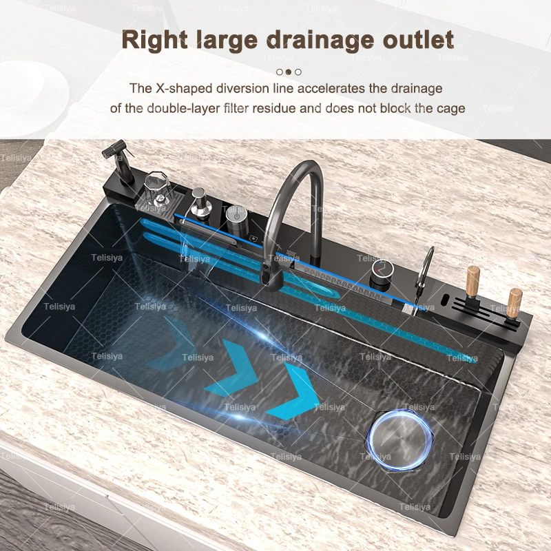 Stainless Steel Waterfall Kitchen Sink Embossed Single Bowl Digital Display Extra Large Multifunctional Washing Sinks 100x50cm kitchen accessories,kitchen sink