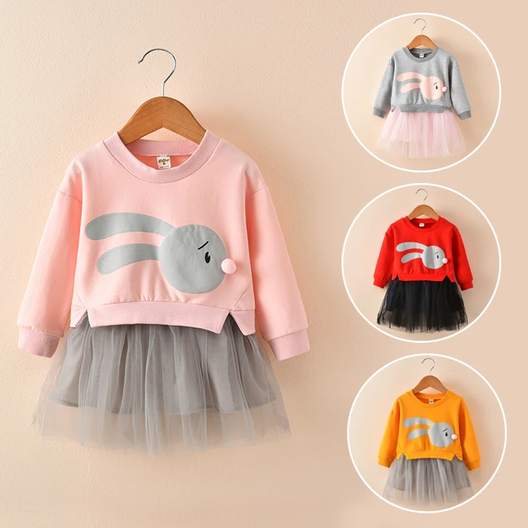 

2023 Spring Fall Little Girls Fake 2 Pieces Cute Tulle Dress Children Clothing One Piece Baby Kids Long-Sleeved Sweater Clothes
