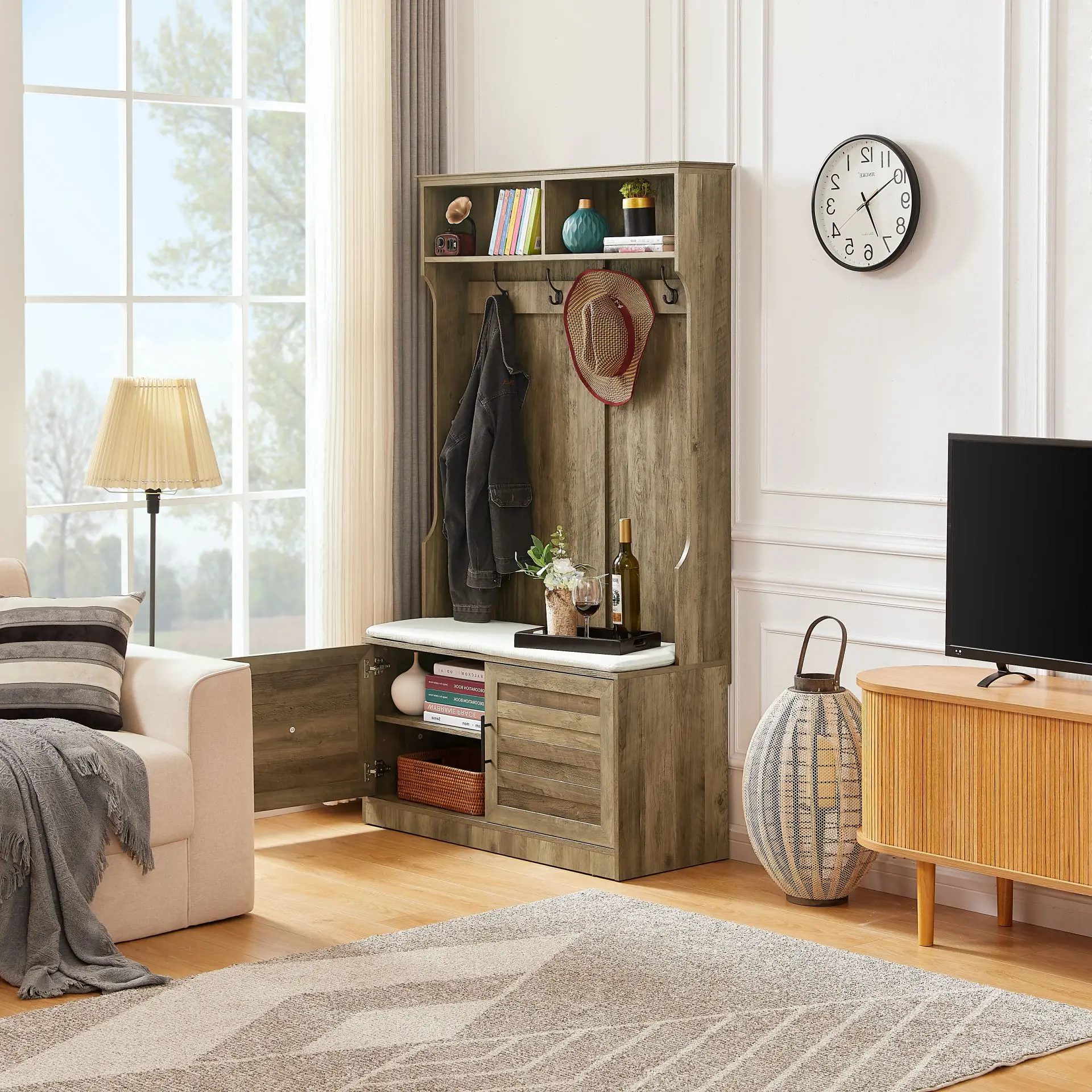 

Wood Coat Rack, Storage Shoe Cabinewith Sponge Pad Product, Multiple Storage Racksbedroom,porch wardrobe storage rack