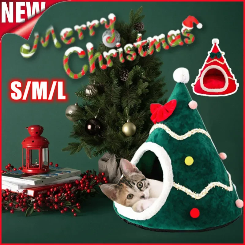 

Warm Pet Bed Christmas Hat Shape Cat Kennel House Soft Plush Nest Puppy Small Cat Sleeping Beds Tent Portable Pet Cushion Mat