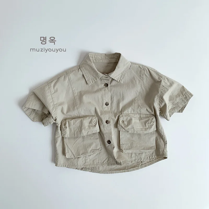 Summer New Vintage Kids Boys Cargo Shirts Baby Short Sleeve Lapel Shirts Solid Baby Girls Casual Tops Infant Clothes