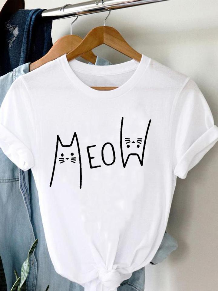 Funny Face Cat Lovely Trend T Shirt Clothing Tee Women T-shirt Summer Short Sleeve Print Clothes Fashion Female Graphic Top