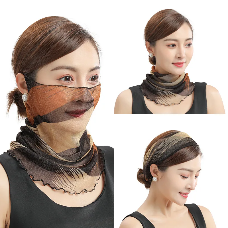 Summer New Face Mask Neckerchief Women Print Thin Scarf Sunscreen Soft Lady Three Usage Neck Collar Pullover Scarves Headbands 4