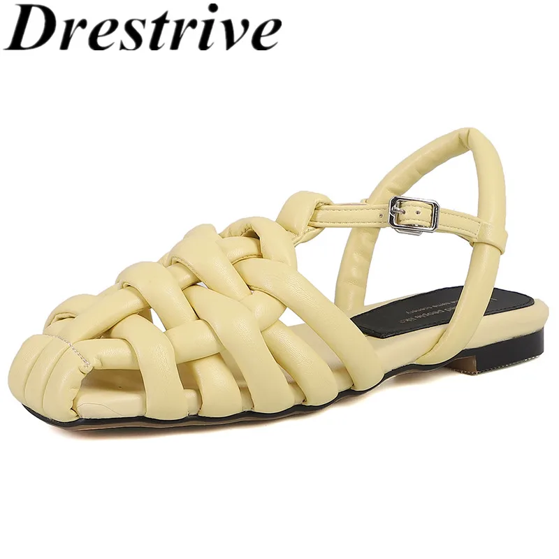 

Drestrive 2023 Fashion Women Sandals Wave Buckle Pu Leather Low Heels Summer Shoes High Quality Square Toe Light Yellow