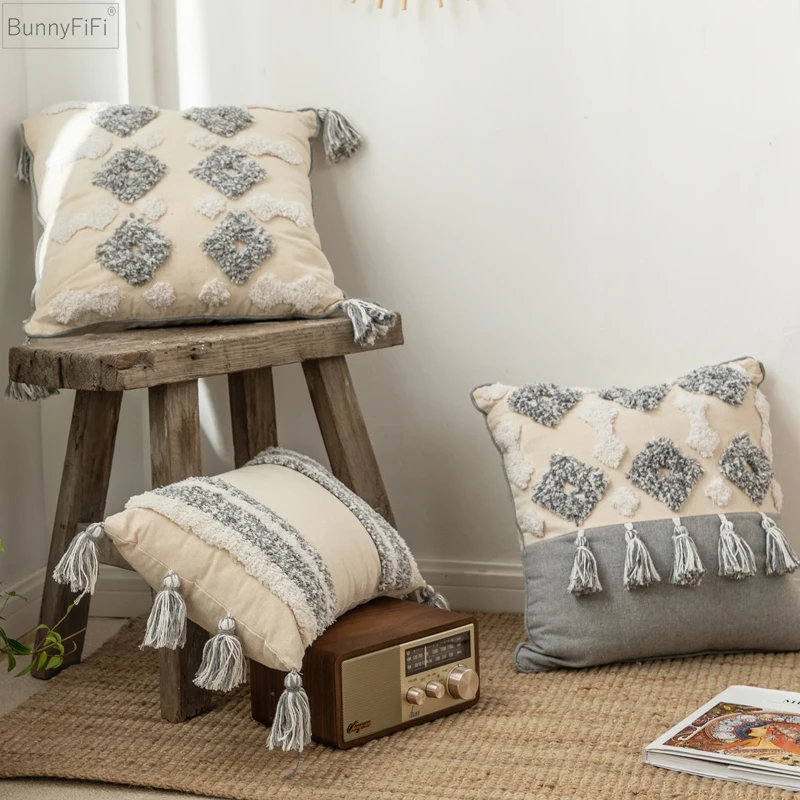 

Moroccan Style Cushion Cover Tuft Tassels Handmade Neutral Decoration Pillow Cover 45x45cm/30x50cm For Sofa Bed Grey Ivory