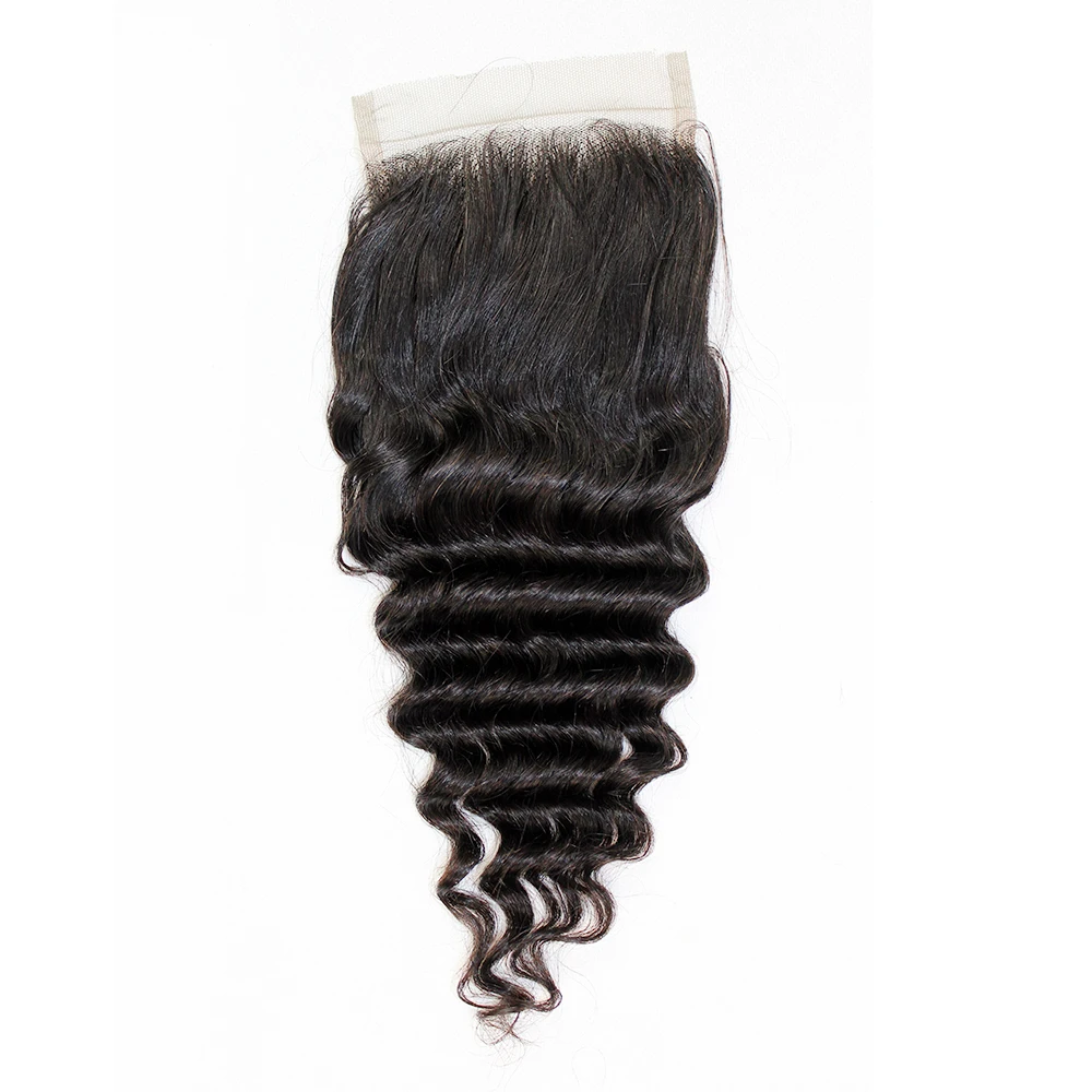 Deep Wave 5*5 & 4*4 Lace Closure Remy Indian Human Hair Hand-tied Top Closures 150 Density Natural Color Hair Extension