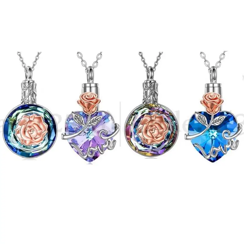 6 Styles Creative Heart Cremation Jewelry With Crystal Rose Flower Urn Necklace For Women Girls Dropshipping