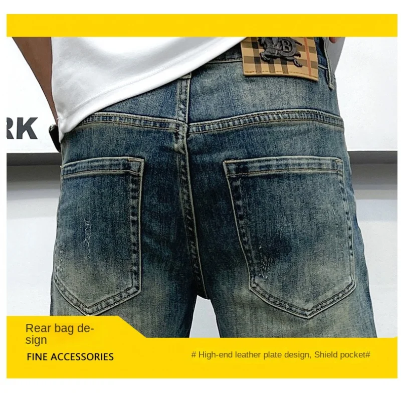 Vintage old light blue denim shorts High-end trend fashion loose straight pants summer new men's ultra-thin pants five pants