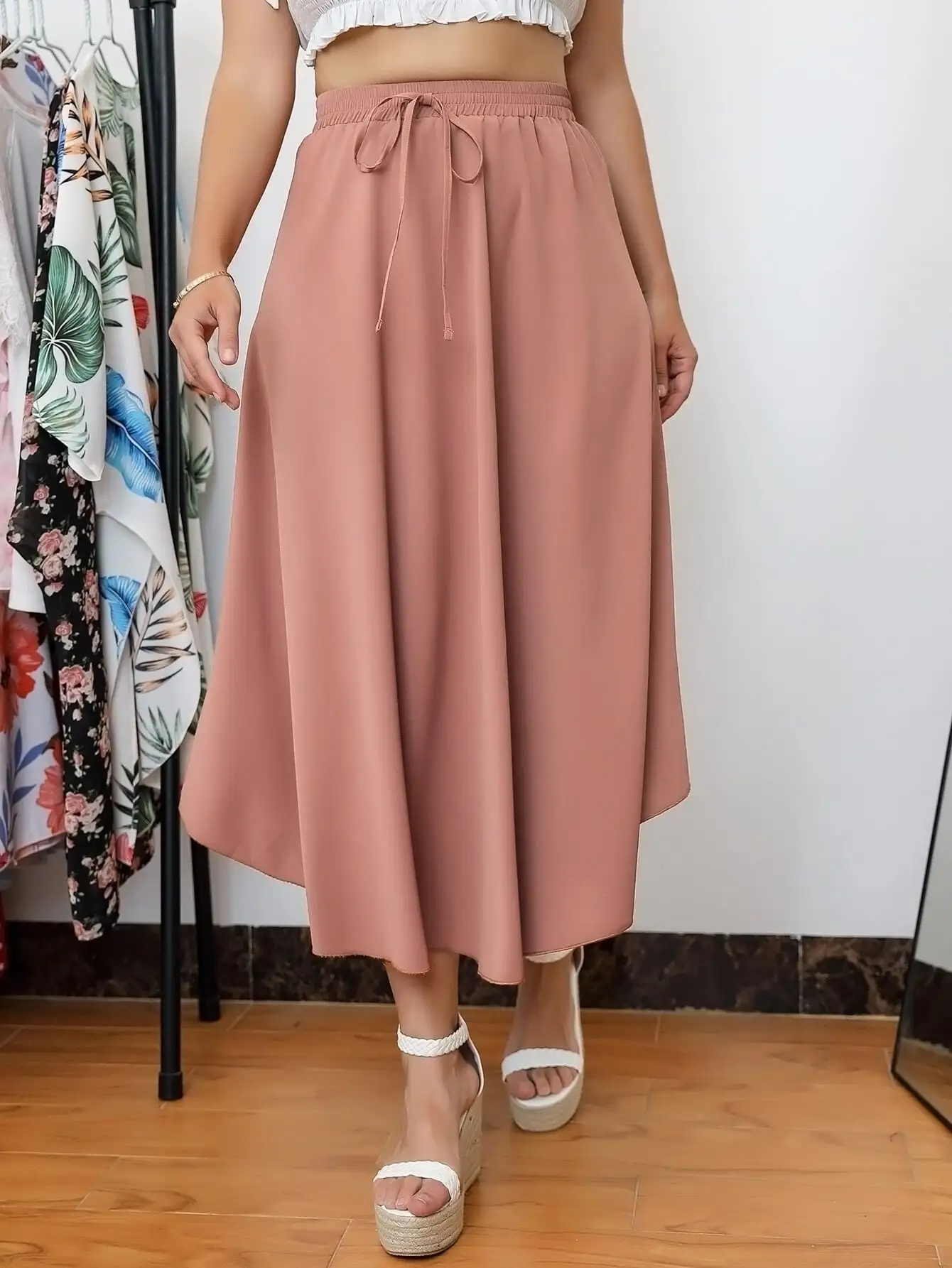 Finjani Plus Size Drawstring Waist Skirt For Woman Solid Ruffle Hem Summer Fashion Skirts