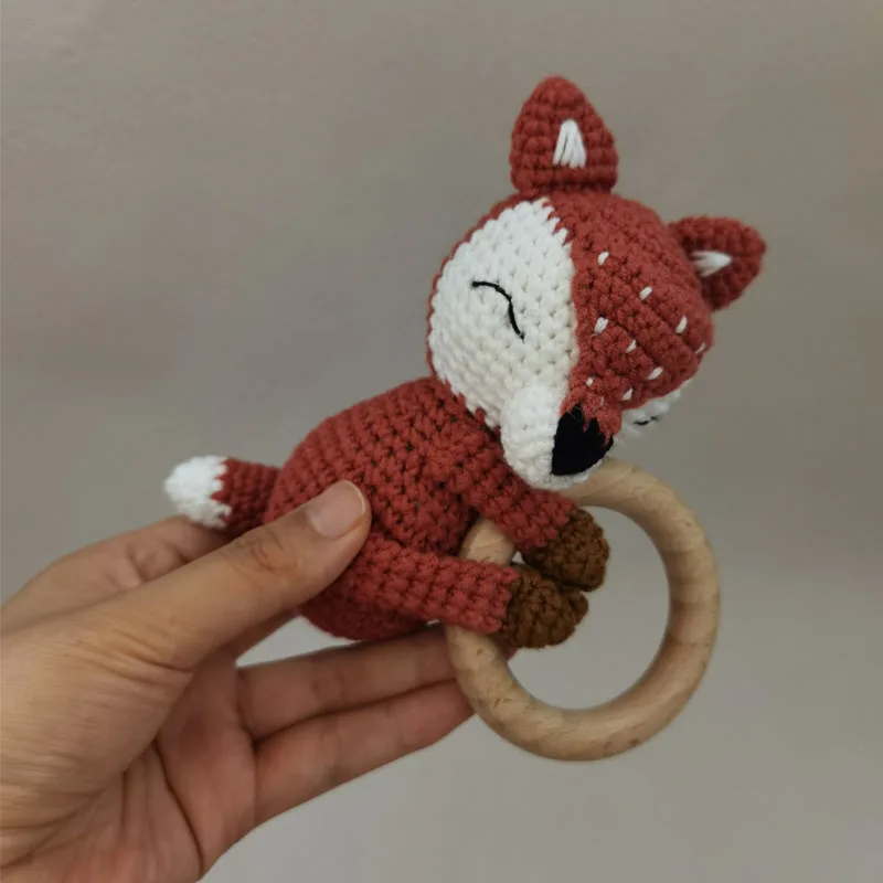 1pc BPA Free DIY Crochet Elk Fox Baby Teether Wooden Teether Ring Rattle Newborn Teething Nursing Soother Molar Educational Toys 5