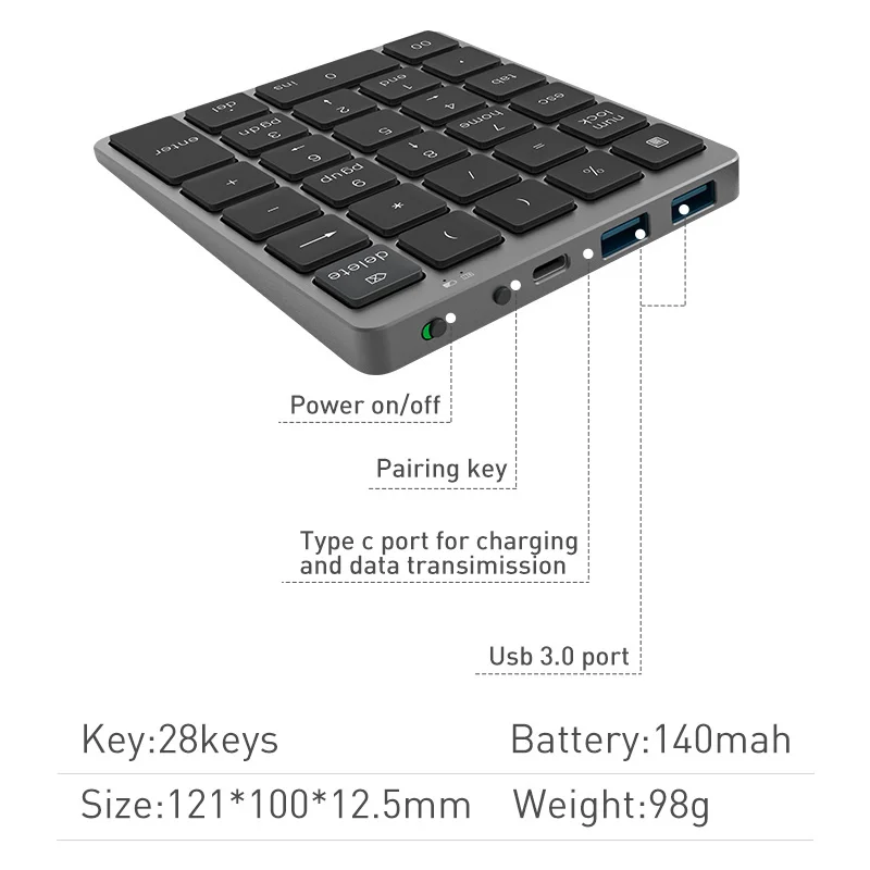USB 허브가 있는 블루투스 숫자 키보드, 태블릿 PC 노트북 데스크탑 3.0, 충전식 금속 숫자 패드 디지털, 28 키