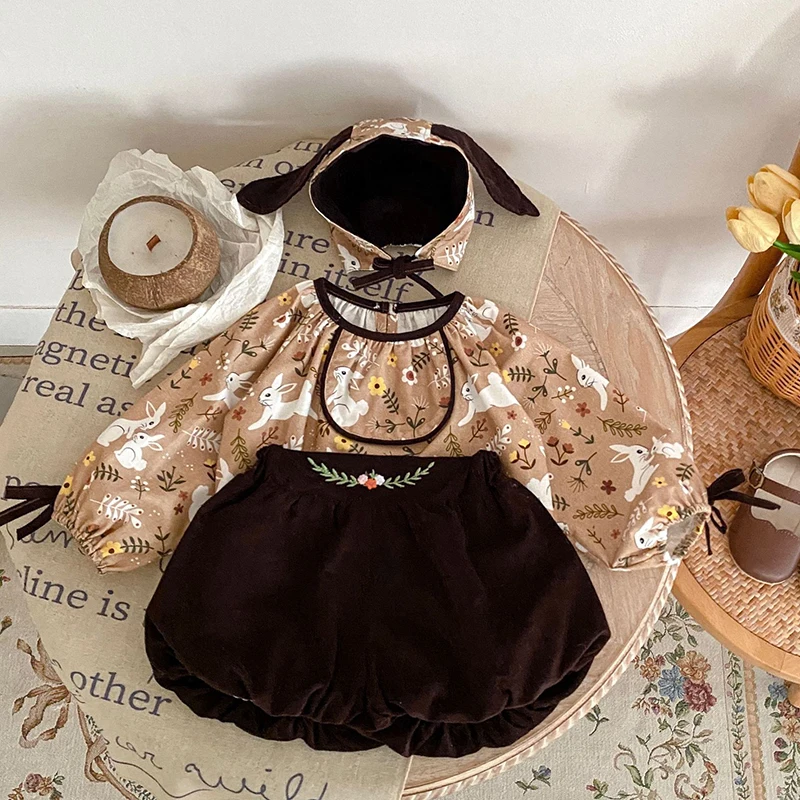 

Toddler Kids Baby Girls Clothes Suit Autumn Infant Kids Baby Girls Clothes Set Long Sleeve Rabbit Print Shirt + Shorts 3pc