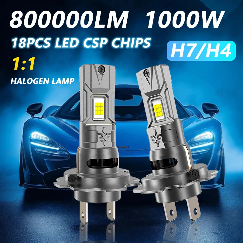 New H7 H4 Led Lights 1:1 Mini Size Car Headlight With Fan 800000LM Super Bright Wireless Turbo Fog Bulb 6000K Automobile Lamp