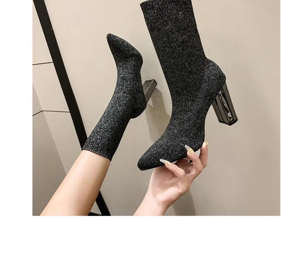Autumn Thick Heel Ankle Boots Women Winter Shoes Elegant High Heel Pointed Toe Keep Warm Short Boots Ladies Knitted wool boots