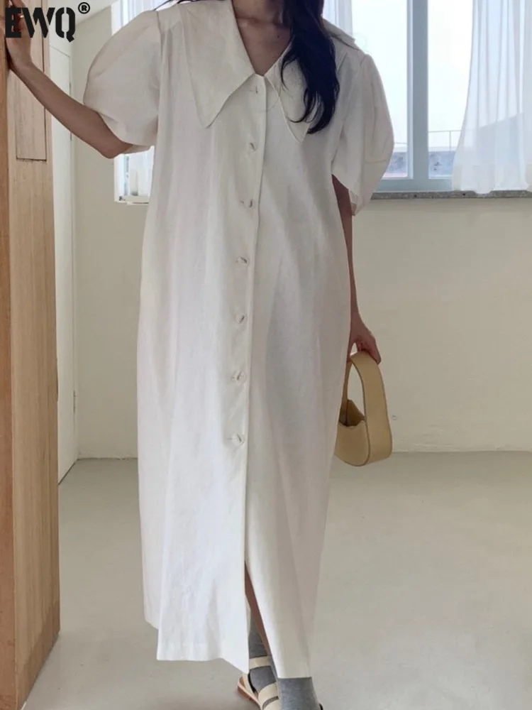 Notched Collar Single Breasted Solid Color Vintage Dress Short Sleeve Belted Formal Elegant Women Cotton Dresses