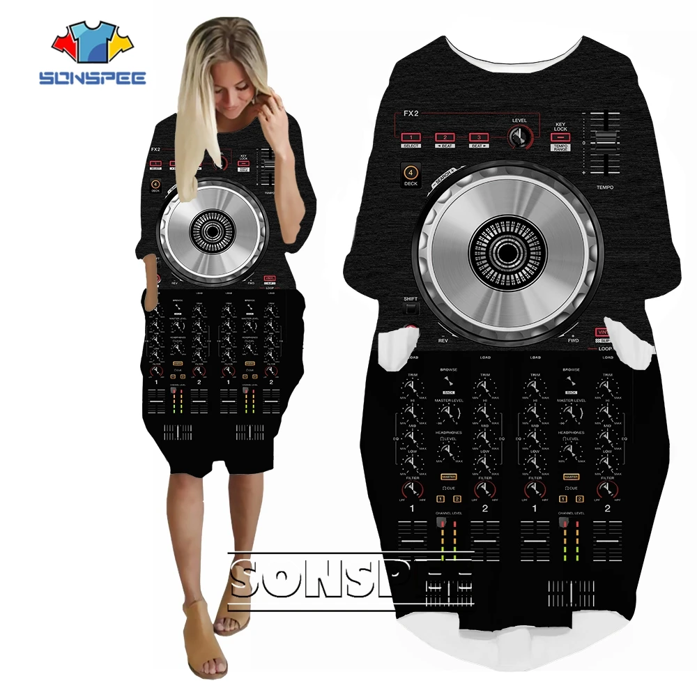 

SONSPEE New DJ Disc Player Pattern 3D Print Women's Dress Long Sleeve Digital Controller Skirt Loose Punk Street Streetwear