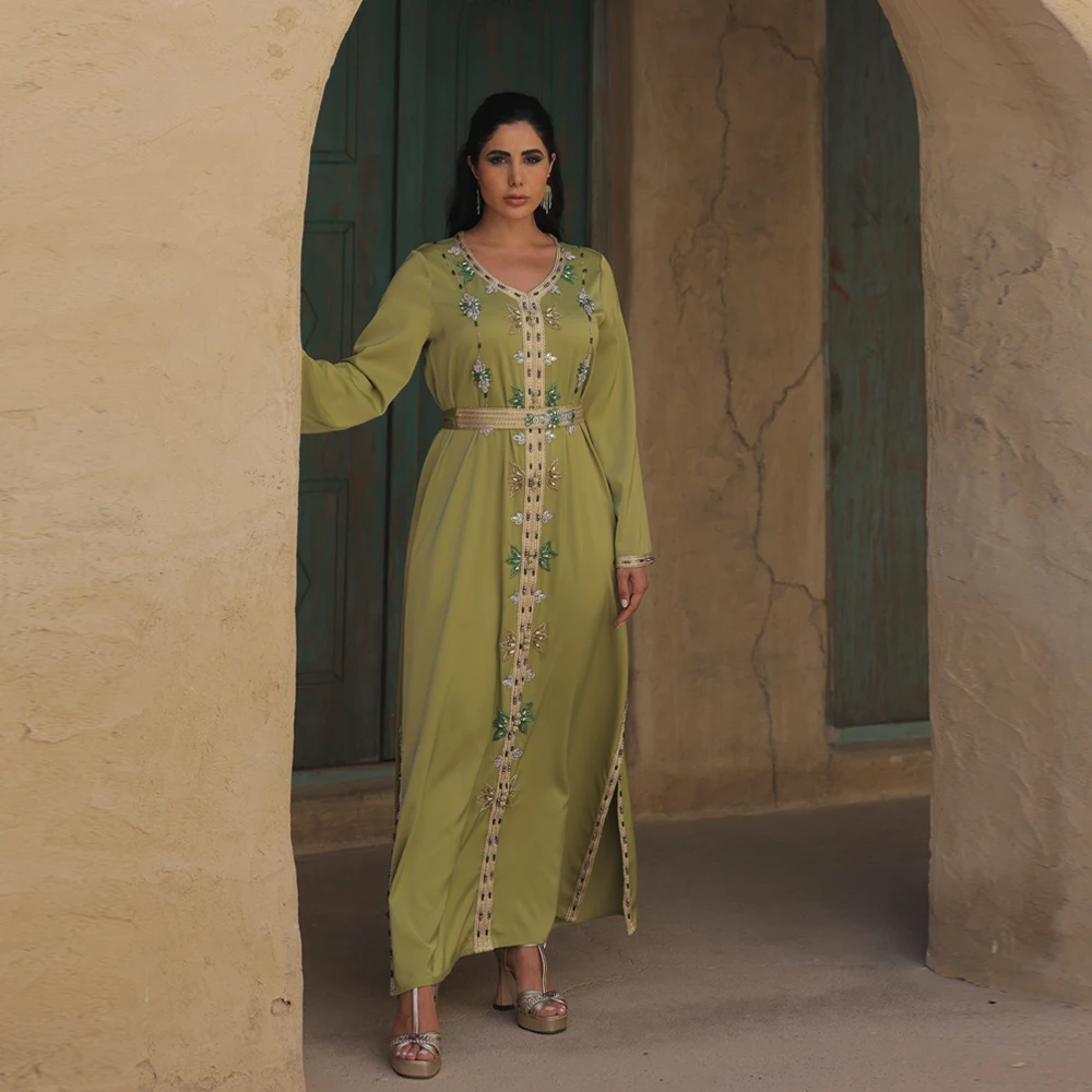 Eid Muslim Kleid für Frauen Abaya Perlen V-ausschnitt Jalabiya Marokko Party Kleider Abayas Kaftan Vestidos Arabischen Lange Robe Herbst 2025 – Detail 2
