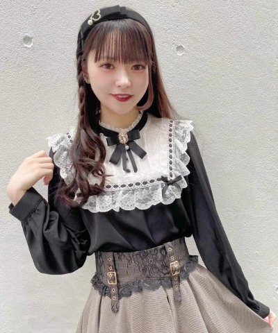 일본 광산 소녀 로지타 셔츠, 귀여운 활 레이스 패치워크 긴팔 셔츠, 용수철 및 여름 블라우스