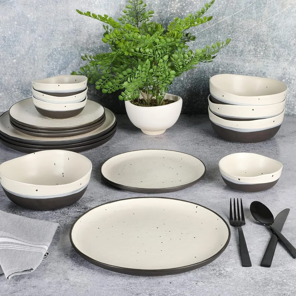 

Gibson Elite Rhinebeck Double Bowl Dinnerware Set, Service for 4 (16pcs), White and Black