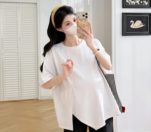 Korean Style Summer Cotton Maternity Shirt Short Sleeve O-neck Side Split Plus Size Asymmetrical Pregnancy Blouses Loose Fit Top 6 Korean Style Summer Cotton Maternity Shirt Short Sleeve O-neck Side Split Plus Size Asymmetrical Pregnancy Blouses Loose Fit Top - Image 6