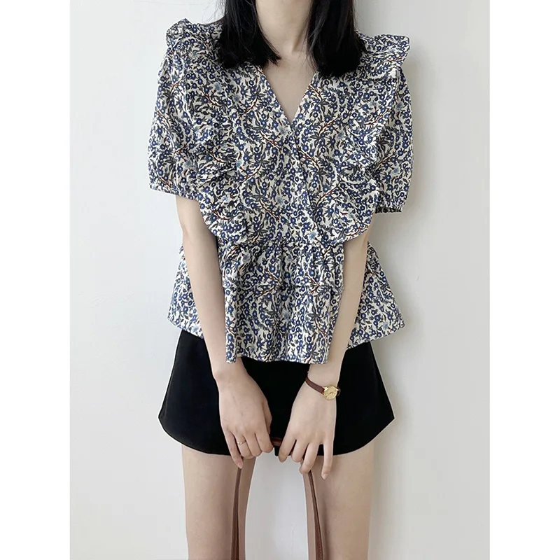 Vintage Printed V-Neck Ruffles Puff Sleeve Floral Blouses Women's Clothing 2024 Summer New Loose Korean Tops Office Lady Shirts