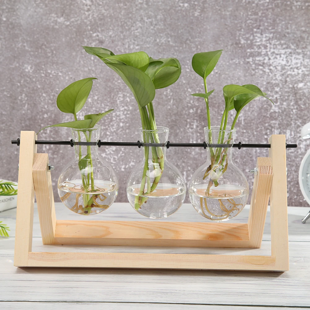 Transparent Glass Vase Wood Frame Iron Art Terrarium Bonsai Table Ornaments Flower Vase Tabletop Hydroponics Plant Flower Pot 3