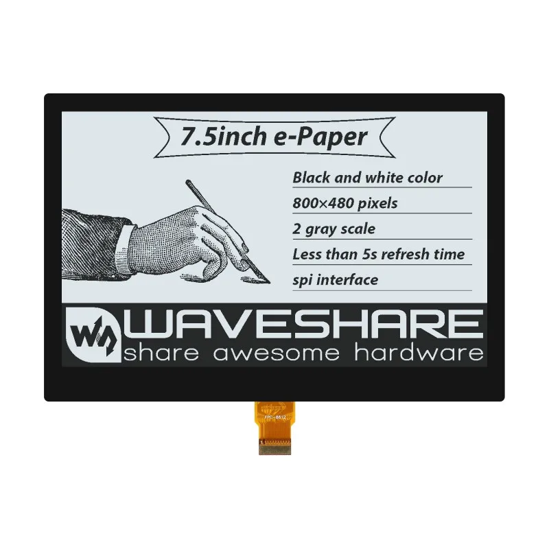 

7.5inch E-Paper E-Ink Optical Bonding Display, 800×480 Pixels, Black / White Dual-Color, SPI Interface, Without PCB