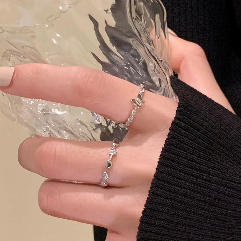 New Inlaid Zircon Heart Butterfly Ring Set For Women Korean Geometric Adjustable Knuckle Finger