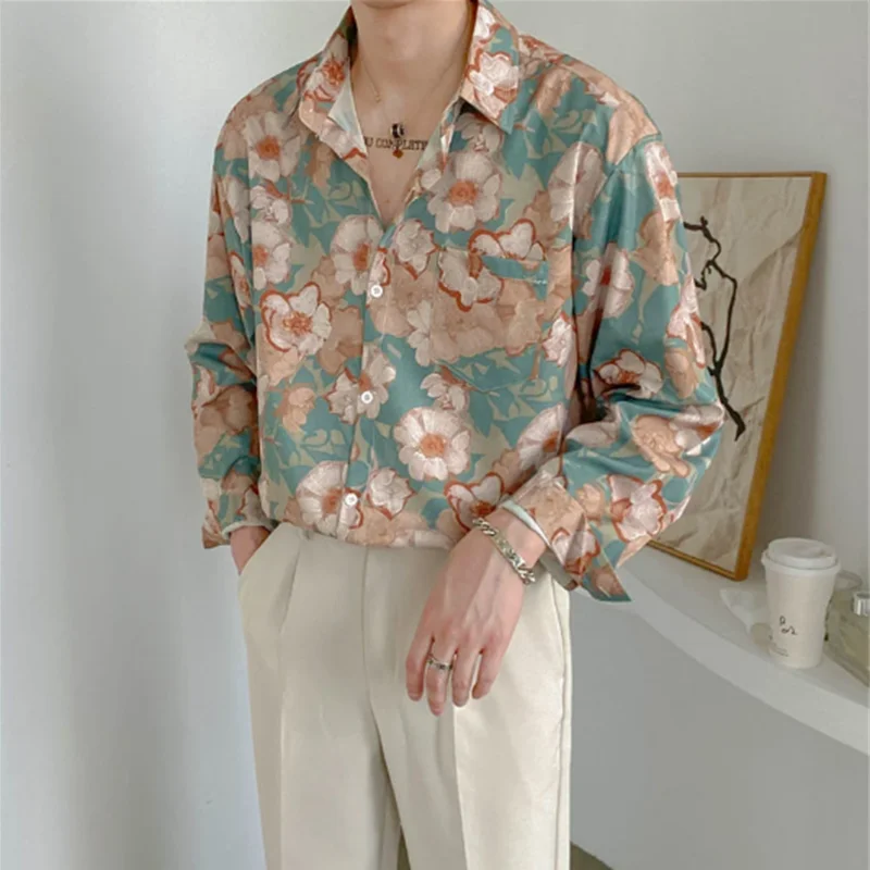 Fashion Street Apparel Retro Hong Kong Flower Shirt Loose and Luxury Spring/Summer Thin Long Sleeve Shirt Men's Clothing E0009 2023beady fun hong kong vintage hoodie men s spring and autumn lovewear n high street ins fashion brand baggy coat