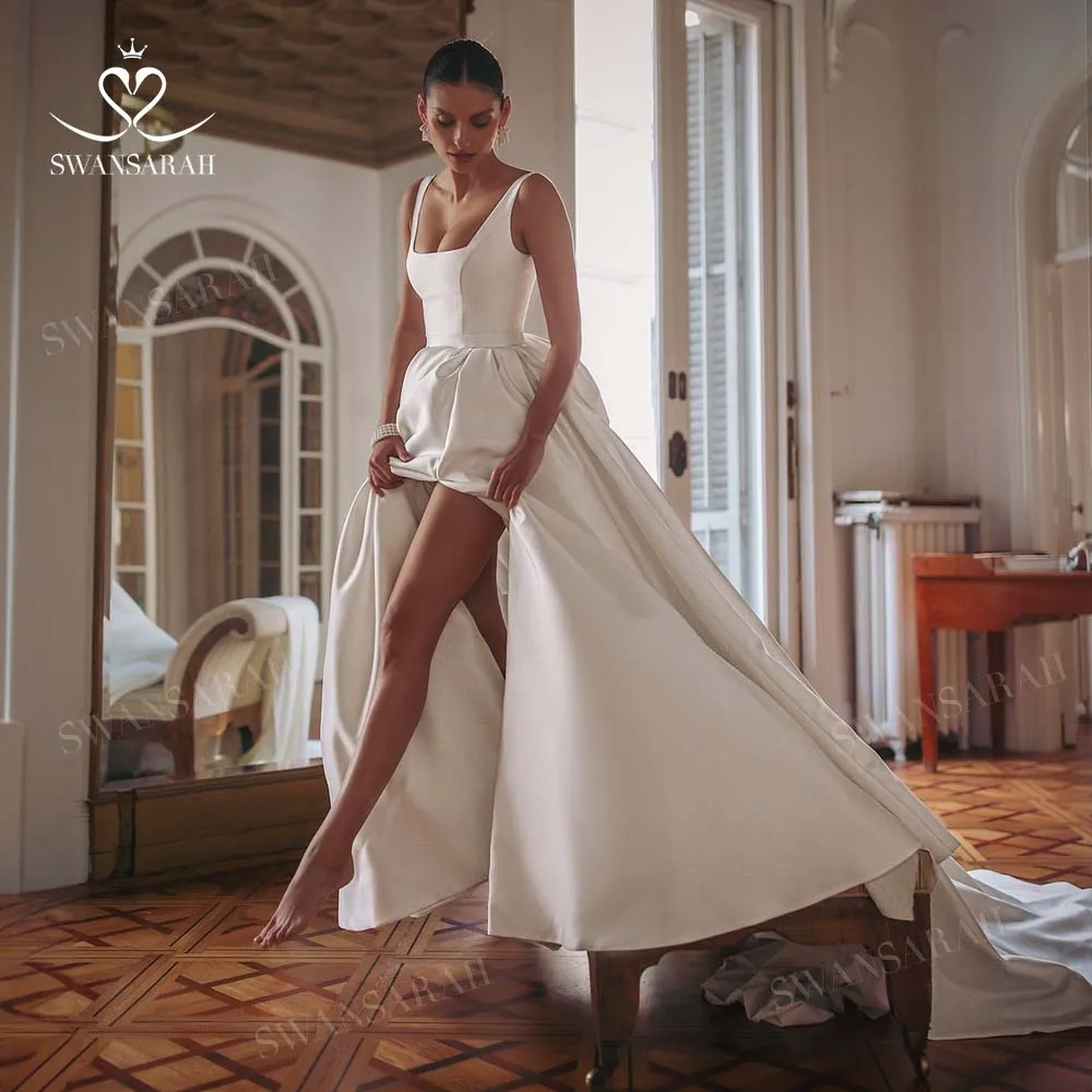Sleeveless Satin A-Line Wedding Dress 2025 Square Collar Split Bow customized Bride Gown SwanSarah W274 Vestido De Novia 3