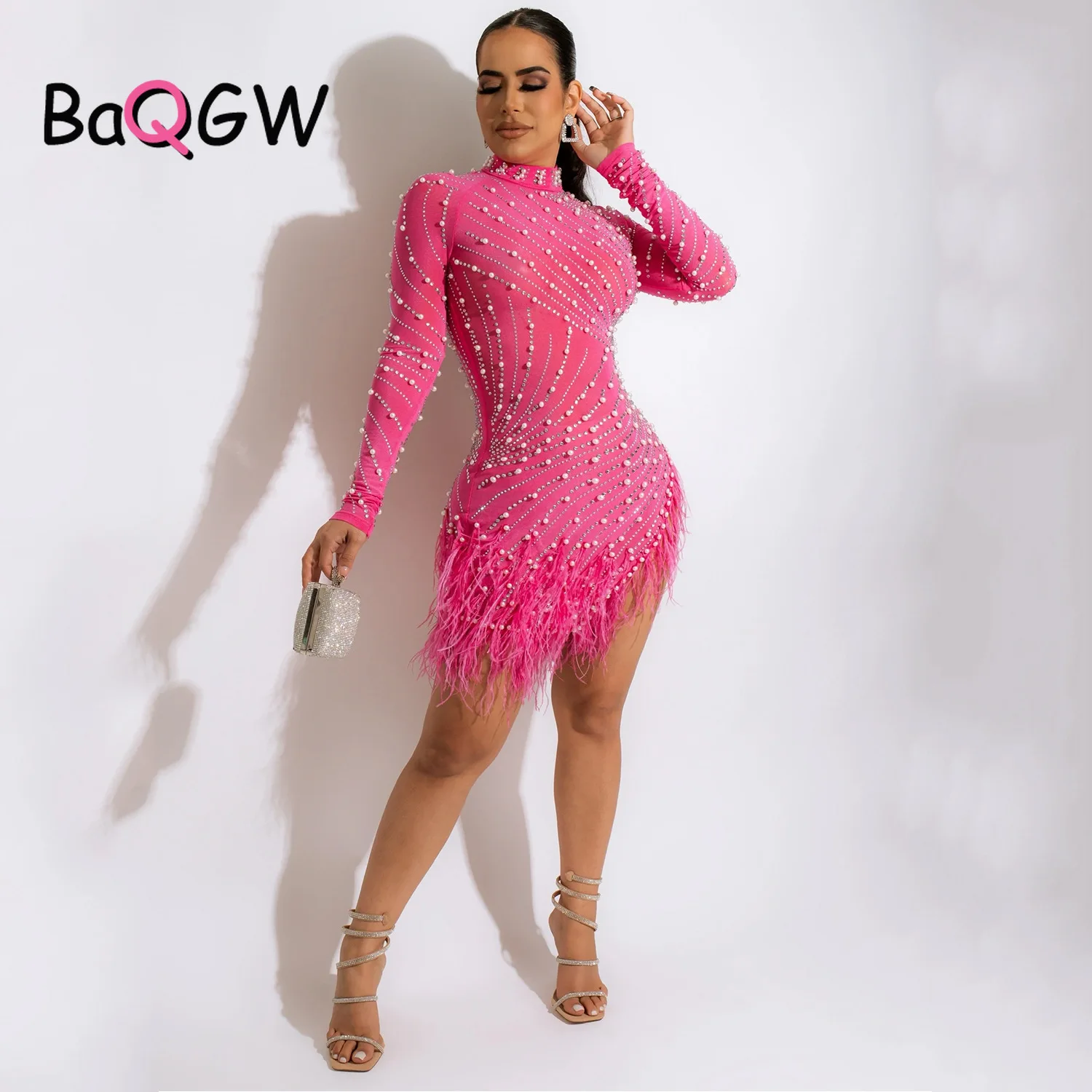 

BaQGW Beading Feather Patchwork Sexy Long Sleeve Bodycon Y2K Mini Dresses for Women Irregular Outfits Club Party Birthday Dress