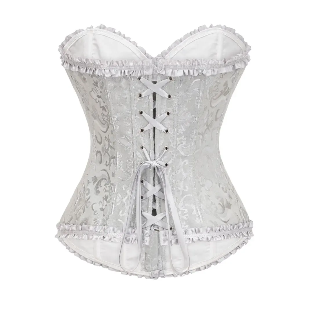 Gelbes Dobby-Schnürkorsett mit Rüschenbesatz, Überbrustkorsett im viktorianischen Gothic-Stil, ohne Knochen, sexy Bustier-Top für Damen, Vintage-Corsage-Korsett – Detail 10
