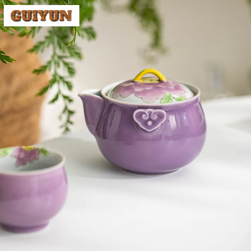 Hand Drawn Purple Peony Travel Tea Set Boutique Hand Grasp Pot Tea Set Kit Elegant 1 Pot 2 Cups Maker Stock Bags Decoration