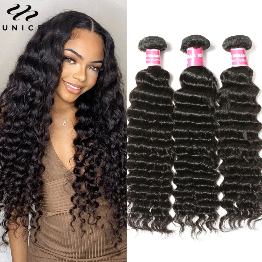Human Hair Bundles 3 PCS Unice Deep Wave Natural Color 100% Human Hair 8-26Inch 100Gram Per Bundle Sew In Quick Weave