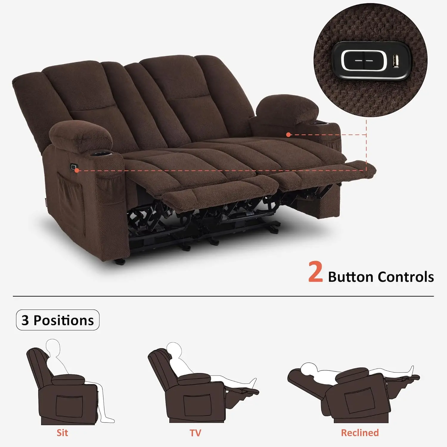 61.8" Power Loveseat Recliner with Heat and Vibration, Fabric Electric Reclining Loveseat, USB Charge Port 5