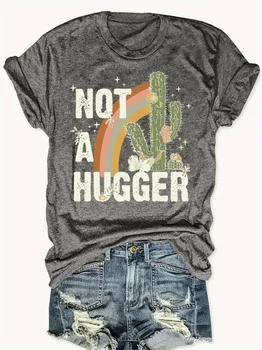 Not A Hugger Women's Tee - Boho Cactus Rainbow Graphic Casual Grey Top 1