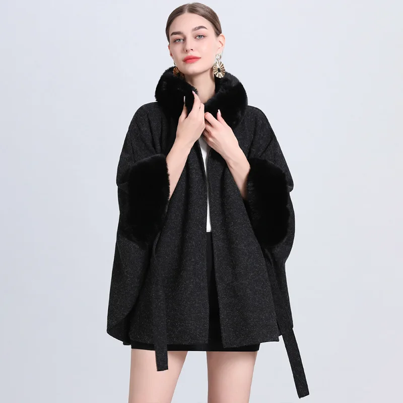 Women Autumn Winter Loose Poncho Coat Faux Fur Woolen Thick Warm Streetwear Cloak Black Grey Batwing Sleeves Belt Outer Wear