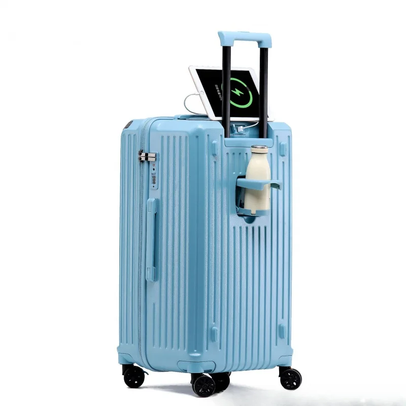 Color Matching Luggage Universal Wheel Trolley Large Capacity Extra Thick Band Cup Holder External USB Charging interface