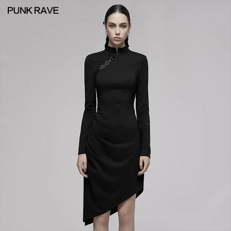 

PUNK RAVE Women's Gothic Pointed Hem Cheongsam Collar Fit Slim Long Dress Concealed Buckles Twill Folds Sexy Black Dresses