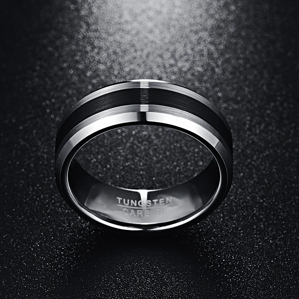 BONLAVIE 8mm Tungsten Carbide Ring Men's Ring Brushed Finish and Black Center Beveled Edge Size 5 to 14 Wedding Engagement Ring 2