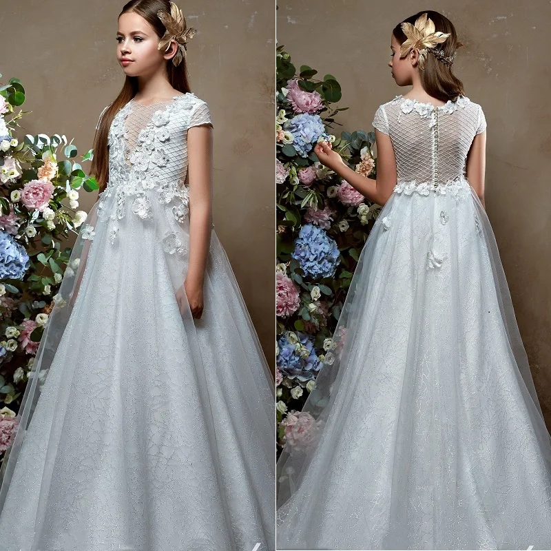 

Gown Princess Flower Girls Dresses Appliques with Beaded Stunning Cute Girls First Communion Dress White