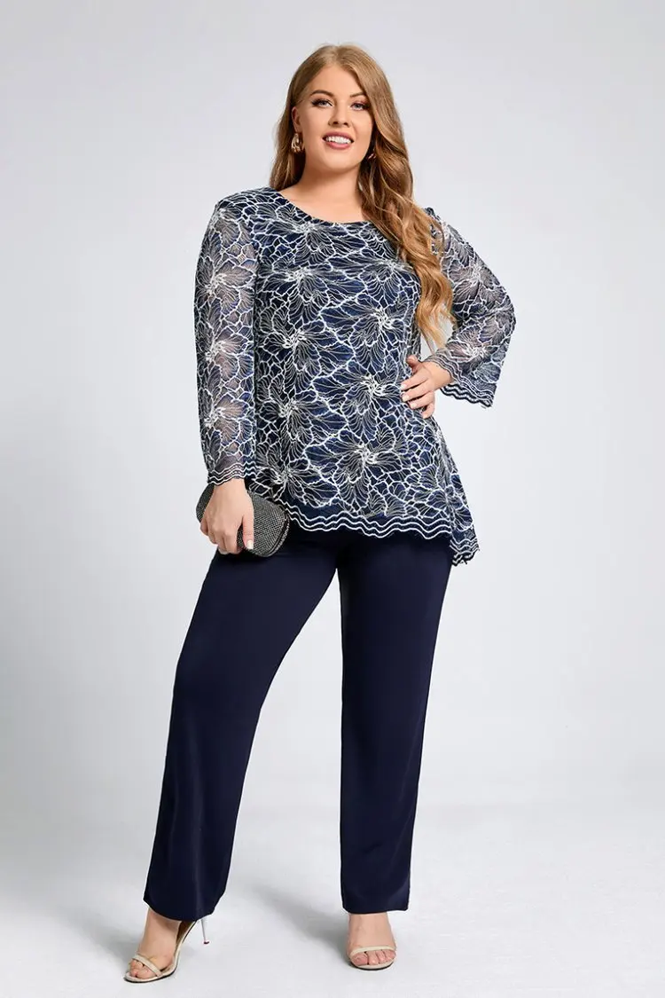 Temperament Plus Size Casual Navy Blue Embroidery Asymmetric Hem 3/4 Sleeve Two Pieces Pant Suits Women's Clothing 2024