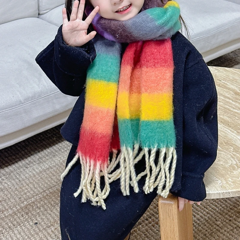 Autumn Winter Warm Colorful Striped Children's Scarf Korean Fashion Girls Boys Long Tassel Scarf for 3-12 Years Kids Neckerchief