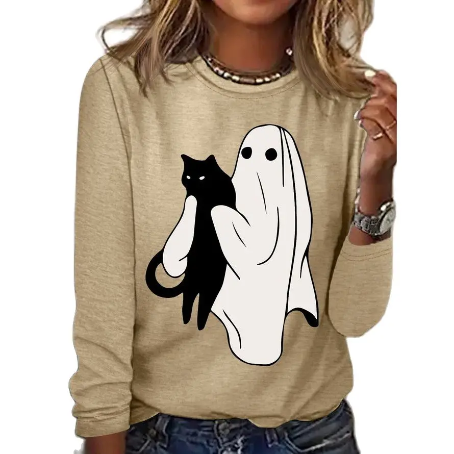 

Women's Halloween Ghost Cats Funny 3d Cartoon Print O-Neck Fashion Harajuku Oversized Long Sleeve O-neck Pullover For Women