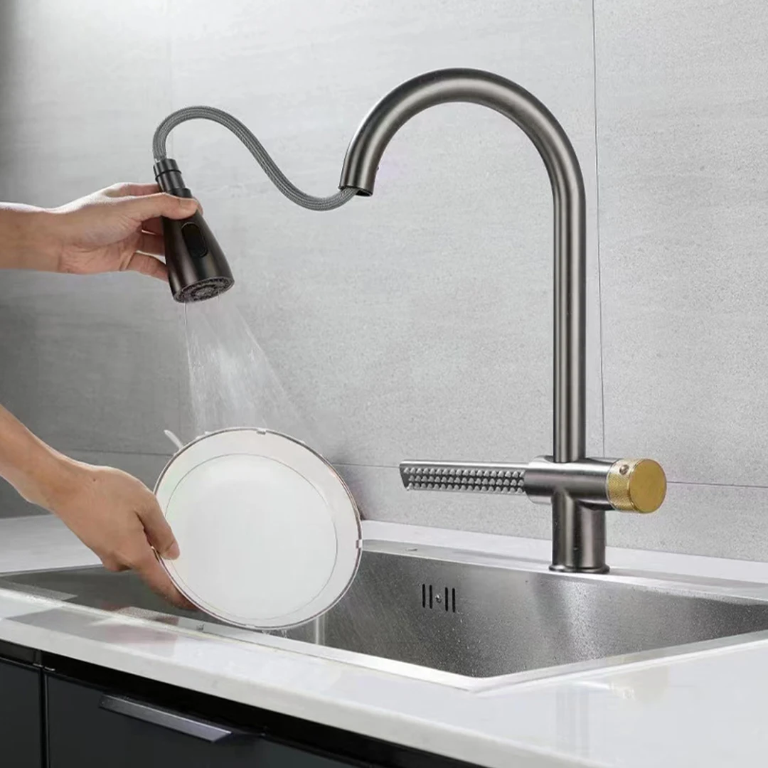 

360° Rotate Pull Out Kitchen Faucet Stainless Steel Waterfall Kitchen Sink Faucet 3 Way Filter Wear-resistant Ceramic Valve Core
