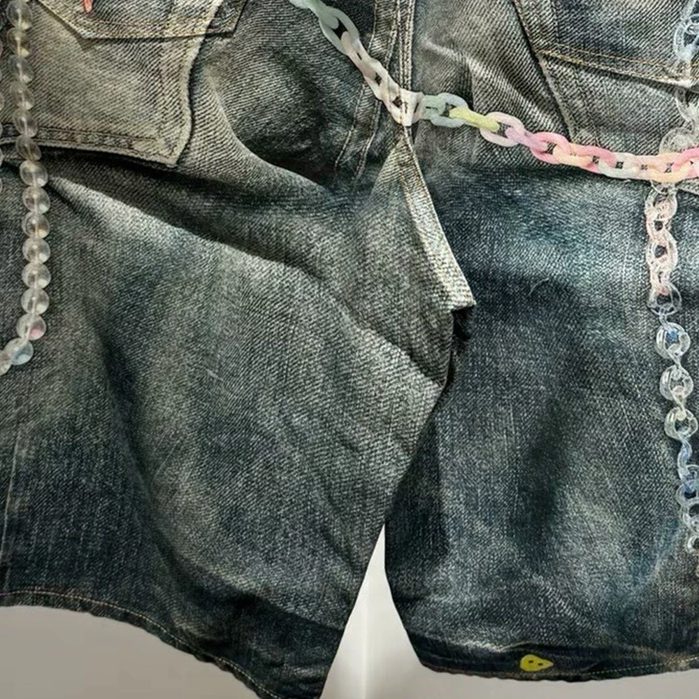 SS25 Candy Chain 3d Printed Vintage Aged Wide Leg Loose Fit Denim Shorts