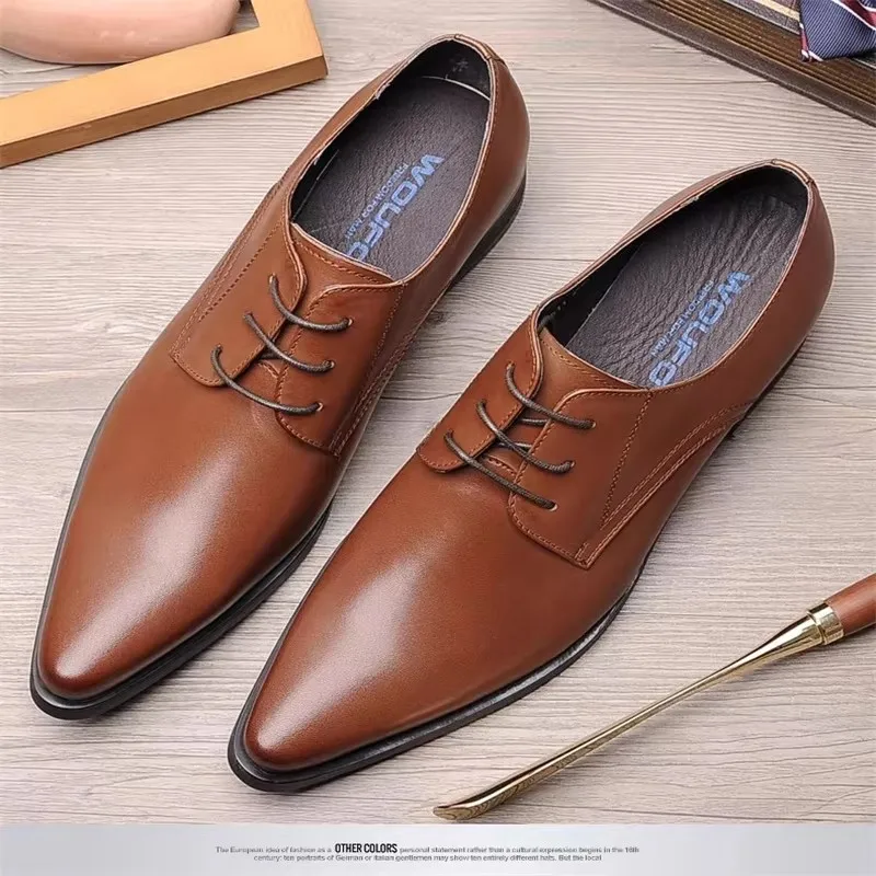 leather pointy shoes, fashionable European and n youth, wedding shoes, business dress, lace-up derby large size