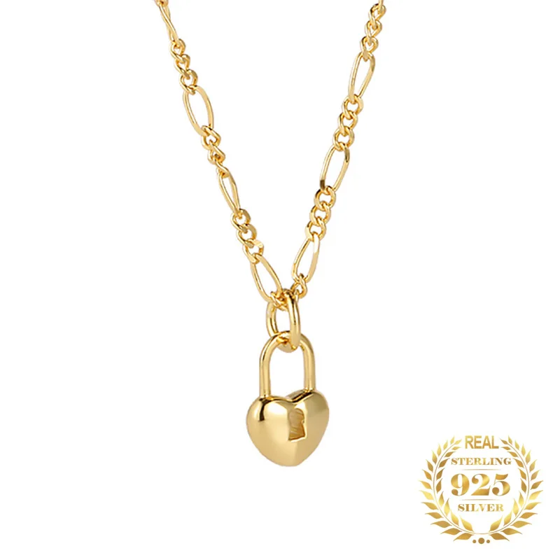 

Vogue Women Sterling Silver 925 Jewelry Gold Plated Figaro Chain Heart Lock Pendant Necklace For Women