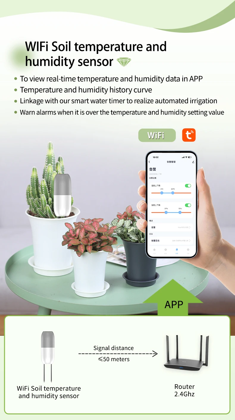 Tuya WIFI Soil Sensor Smart Temperature Humidity Detector Waterproof Wireless So
